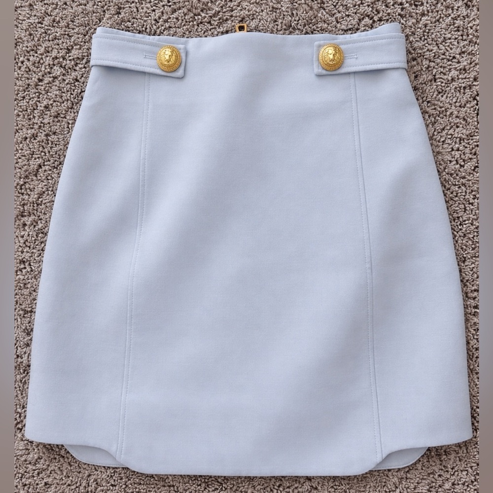 Balmain Paris Gold Button Skirt Light Blue Periwinkle Luxury Skirt